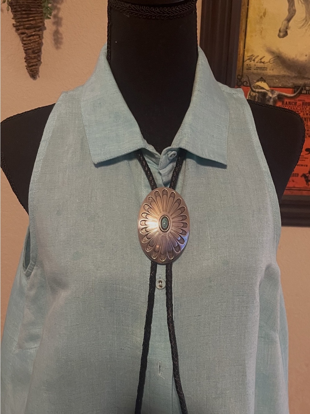 Turquoise Stone Silver Concho Bolo Tie - Women's Jewelry